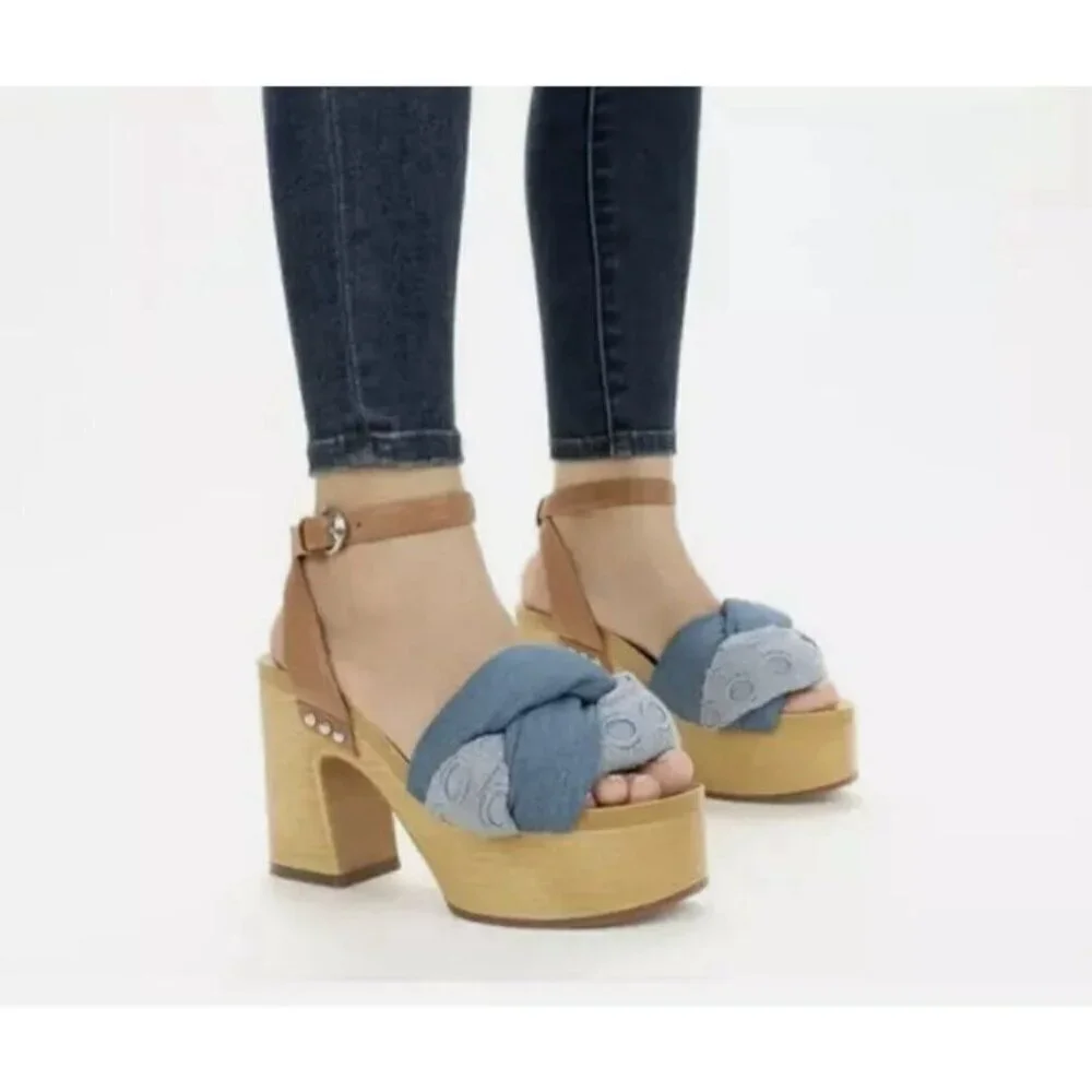 Sam & Libby Cassandra Sandal Indigo Wooden Platform Heel Women's 8.5 Y2K Style